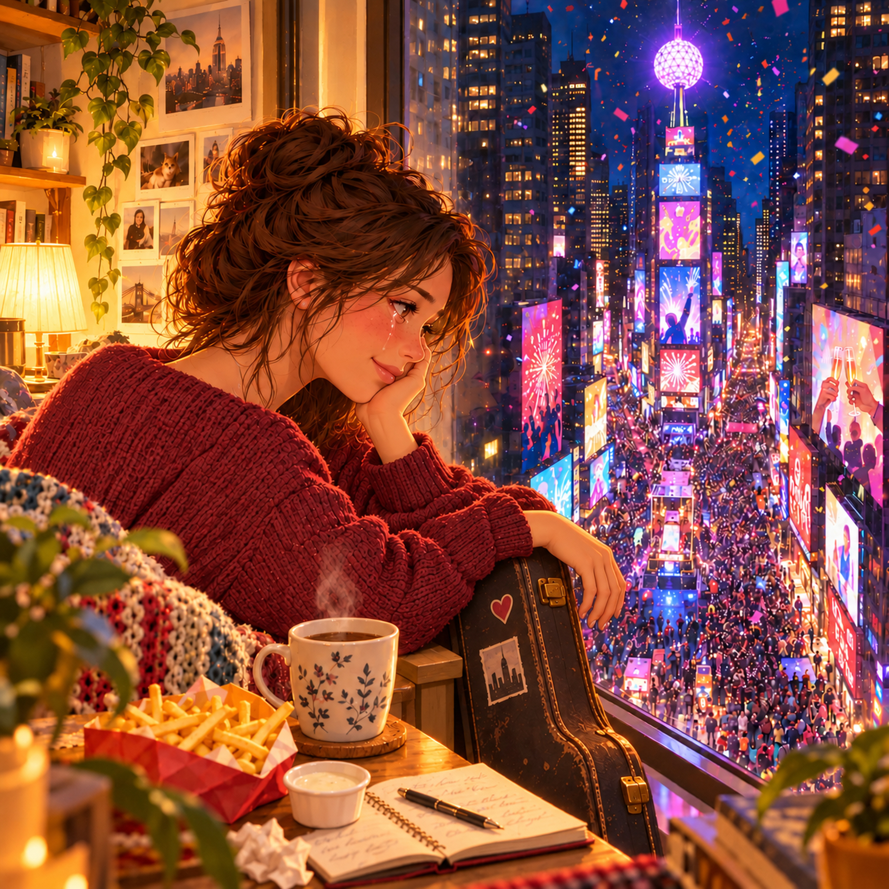 New Year on Times Square cover: a woman watching the New Year celebration from her window