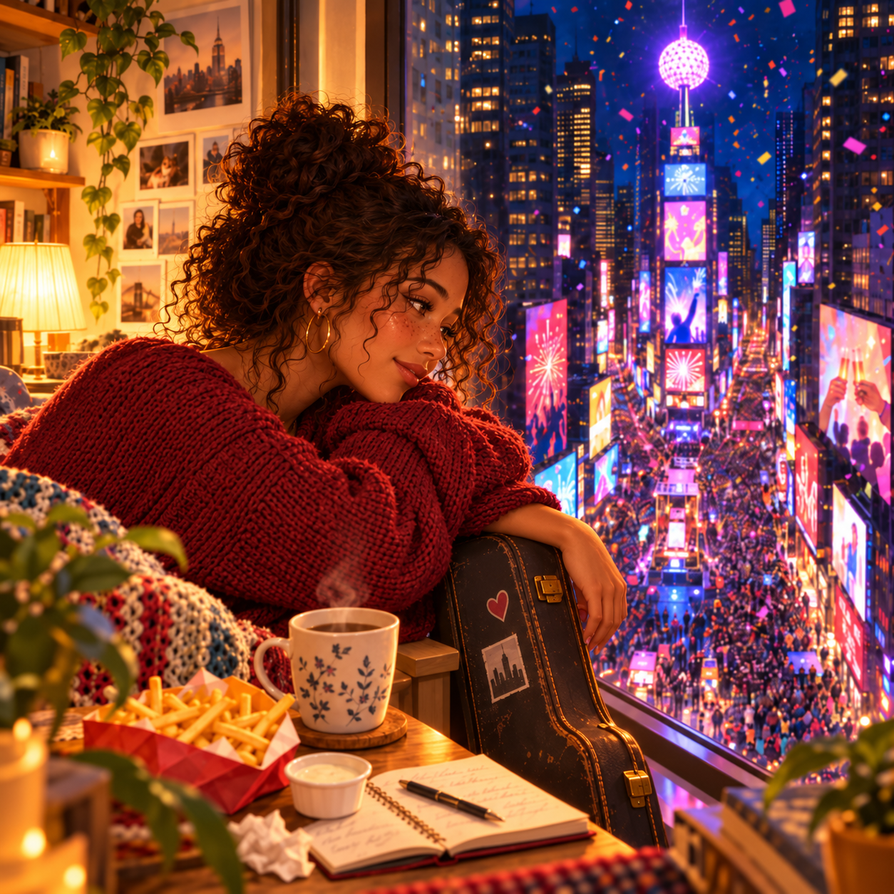 New Year on Times Square cover: a woman watching the New Year celebration from her window