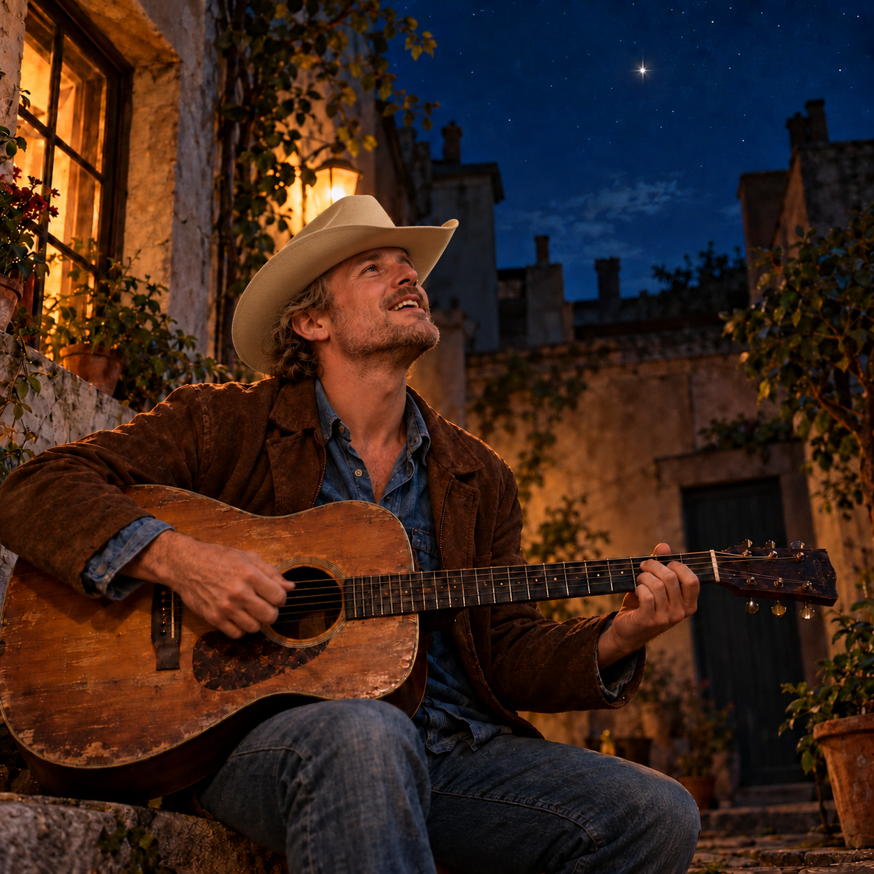 Kumbaya — Back Alley Blues cover: a guitarist in a warmly lit courtyard beneath a starry sky