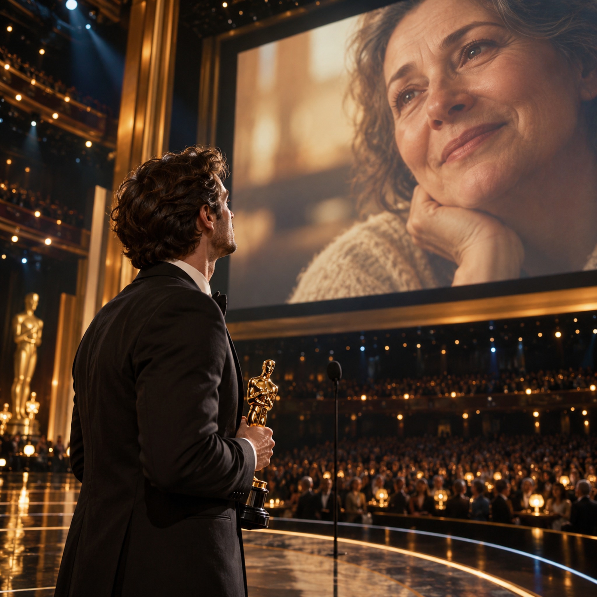 Mommy artwork: a man holding an award looks up at his mother on a cinema screen