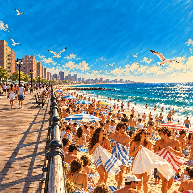 Beachgoers hold towels beside a sunny boardwalk and the sea.